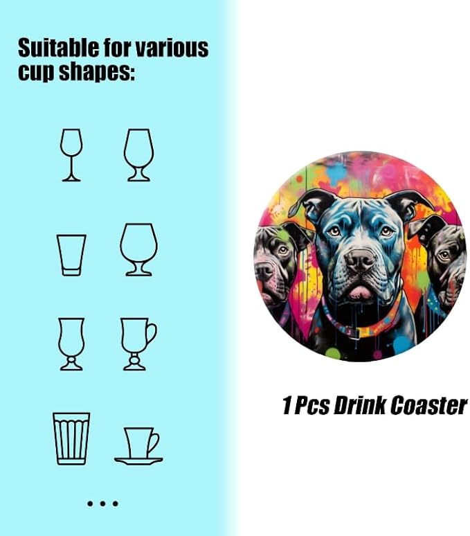 1 Pcs Coffee Cup Coasters for Drinks, Graffiti Style Black Pit Bulls Round Absorbent Non-Slip Ceramic Stone Cork Coasters for Kitchen Living Room Office Decoration Bar (4 * 4 Inch)