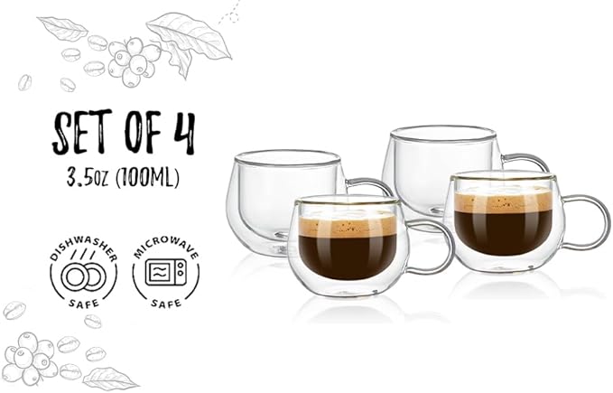 Bacimi® Double Wall Insulated Espresso Coffee Cups 3.5oz Clear Borosilicate Cup with Handle - Thermal Drinking Cups for Espresso, Cappuccino, Latte, Tea, Hot Beverage, Wine - Microwave Safe Set of 4