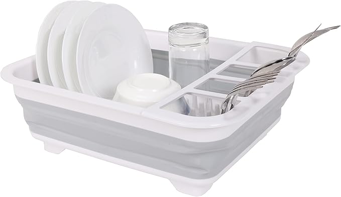 J&V TEXTILES Collapsible Dish Drying Rack - Popup for Easy Storage, Drain Water Directly into The Sink, Room for Eight Large Plates, Sectional Cutlery and Utensil Compartment, Compact (Gray)