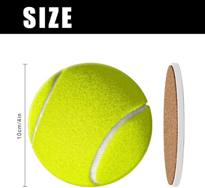Round Ceramic Stone Cork Drink Coasters, Tennis Ball with White Line Absorbent Removable Non-Slip Cup Mat Place for Kitchen Counter Drinks Coffee Cup Tableware Set of 1 (4 * 4 Inch)