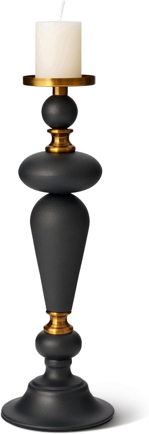 Taper Metal Candle Holder for Modern Vintage Luxury Decor, Matte Black & Antique Brass Iron Pillar Candle Stick Holder for Dining Table, Mantel Decor, Housewarming Gift