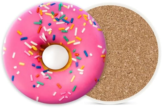 Ceramic Drink Coasters Absorbent Set of 1, Araffe Donut with Pink Frosting and Sprinkles Round Anti Slip Modern Cup Coasters for Desk Kitchen Office Housewarming Hostess Gifts (4 * 4 Inch)