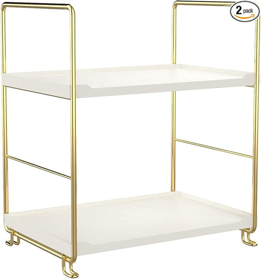 2-Tier Kitchen Spice Rack - Freestanding Stackable Bathroom Countertop Storage Shelf - Cosmetic Organizer Holder- Square Standing Rack (Golden)