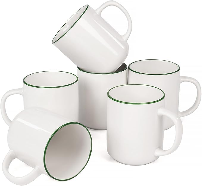 OTAGO Coffee Mugs for 6, 12 oz Mug Set, Dringking Cup with Handle for Coffee, Tea, Cocoa, Green Rim