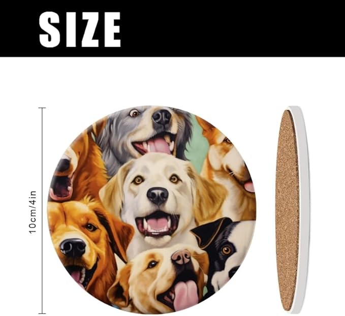 Ceramic Stone Coasters for Drinks Set of 1, Happy Dogs with Smiling Faces Round Absorbent Cup Coasters Protection for Coffee Table Kitchen Counter Decor (4 * 4 Inch)