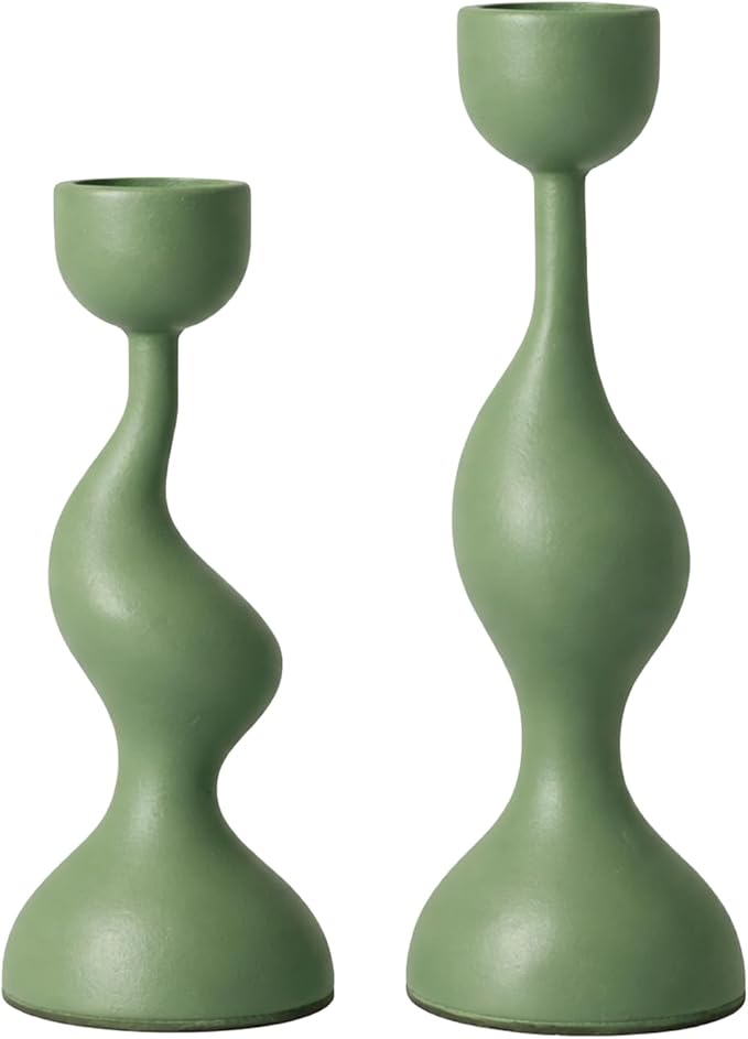 Smtyle Taper Candle Holders Set of 2 Sculptural Cast Aluminum Candlestick Holders, Modern Minimalist Sage Green Candle Stand for Dining Table, Living Room, Shelf Decor