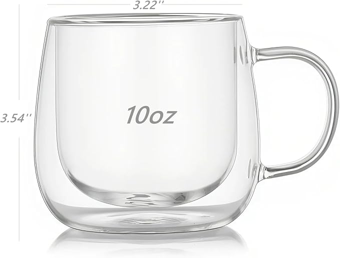 10oz Double Walled Glass Coffee Mugs Set of 2, Clear Insulated Mug for Cappuccino, Latte, Borosilicate Glass Cup, Heat & Cold Resistant Glasses