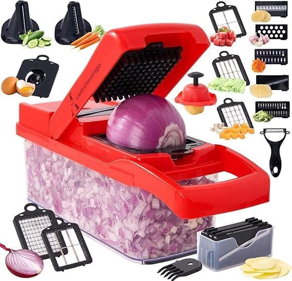 26-in-1 Vegetable Chopper and Slicer Set, Red, Multifunctional Food Chopper with Container, 13 Interchangeable Blades, Safety Glove, Kitchen Mandoline Slicer (RED)