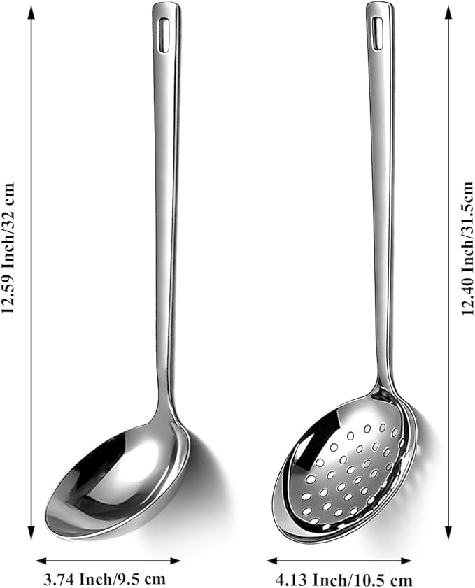 Berglander Slotted Spoons and Kitchen Ladle Spoon Set 2 Pcs, Stainless Steel Kitchen Spider Strainer Skimmer Soup Ladle for Straining Pasta/Cooking/Frying, Serving Soup/Gravy, Metal Kitchen Utensils