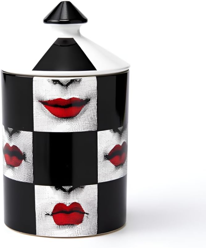 Decorative Candle Holder Handcrafted Aromatherapy Candle Jar Italian Designer Décor Fashionable Tabletop Vase Modern Art Female Face Eyes Lips Centerpiece. (Red Lips Black Squares)