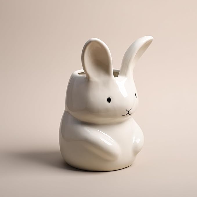 SOCOSY Ceramic Rabbit Kitchen Utensil Holder For Countertop Large Cooking Utensil Crock Holder Spatula Holder, Pure White