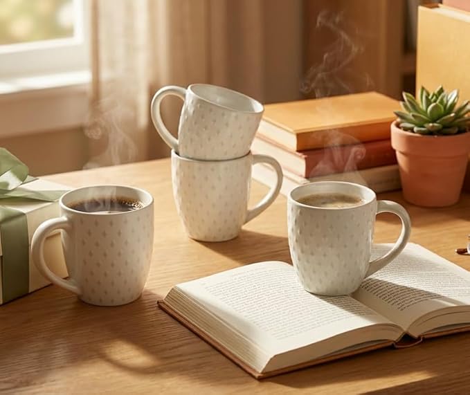 14 oz Ceramic Coffee Mugs Set of 4 - White Stoneware Cups with Large Handle - Microwave & Dishwasher Safe Mugs for Tea, Coffee, Latte - Premium Kitchen & Housewarming Gift Set