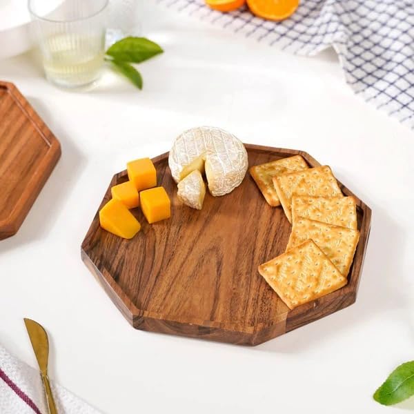 Wooden Serving Tray for Kitchen and Home Decor | Acacia Wood Octagonal Serving Platter for Tea, Coffee, Snacks and Cake | Decorative Trays Resturnant and Cafe (Food Safe Oil Finish) (10 Inch)