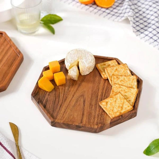 Wooden Serving Tray for Kitchen and Home Decor | Acacia Wood Octagonal Serving Platter for Tea, Coffee, Snacks and Cake | Decorative Trays Resturnant and Cafe (Food Safe Oil Finish) (10 Inch)