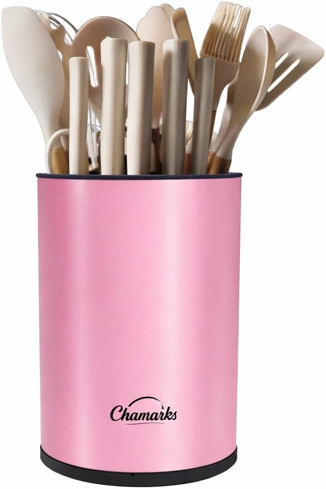 3-in-1 Kitchen Utensil Holder for countertop with Knife Block and Silverware Caddy. (Pink)