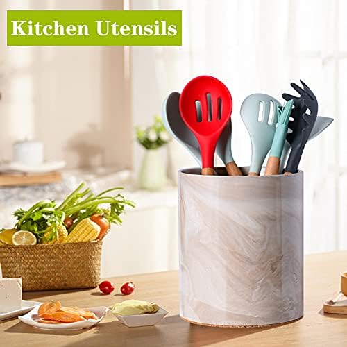 Yundu Porcelain Brown Marble Utensil Crock, Kitchen Utensil Holder for Countertop, 7″ Large Size for Storage,Table-Protection Cork Mat