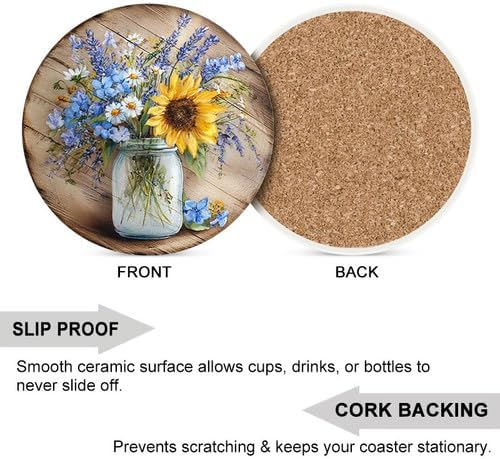 Retro Flower Coasters Set of 6, 4inch Coasters for Drinks Absorbent Stone with Holder Floral Decorations Ceramic Drink Coaster for Tabletop Protection, Coffee Table Decor for Home Decor