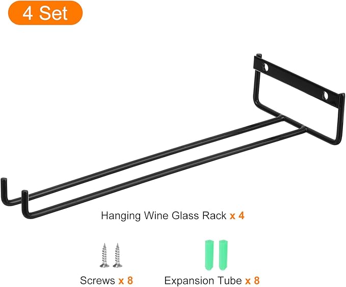 uxcell 4Pcs Wine Glass Rack, 11.02 Inch Iron Wine Glasses Rack Under Cabinet Stemware Rack - Wall Mountable Wine Glass Holder Storage Hanger for Bars Coffee Restaurants Kitchens, Black