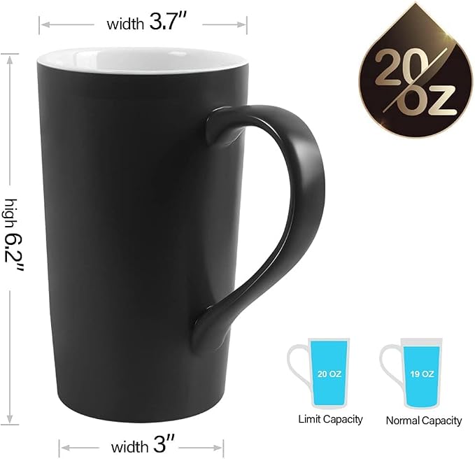 20 OZ Large Diner Coffee Mugs,Tall Beer Cups,Matte Black Couple's Cups with Handle,Oversized Cylindrical Design Modern Ceramic Tea Cup for Dad Mom Friends Gift.Set of 2