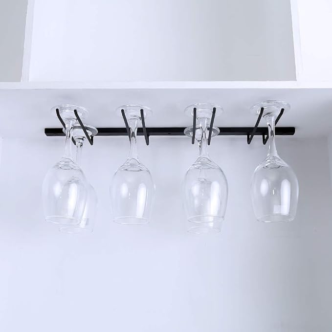 Under Cabinet Wine Glass Rack,Stemware Rack Holds up to 8 Wine Glass,Hanging Wine Glass Holder,Metal Wine Glass Hanger,Glasses Organizer for Home Bar Kitchen(Black)