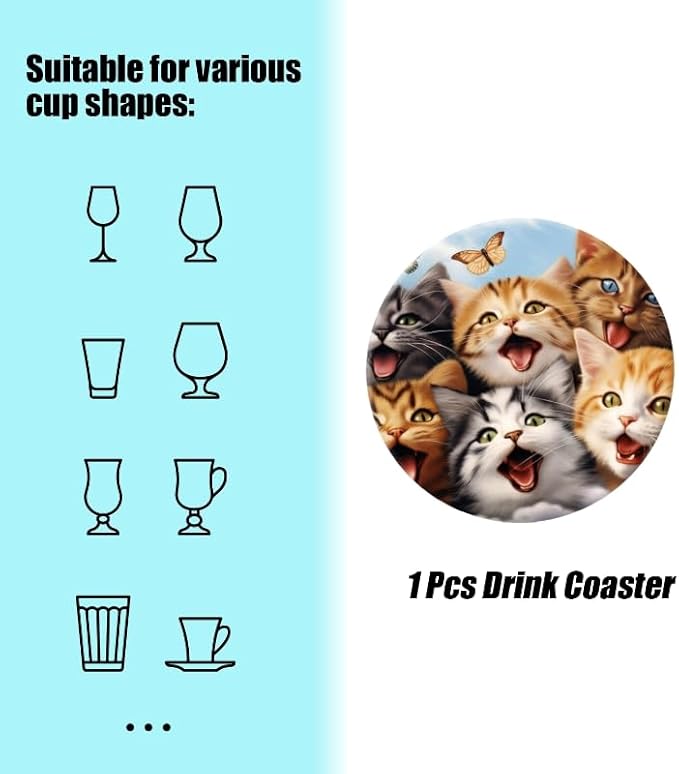 Ceramic Stone Cork Coasters for Drinks Tableware, Group of Cats with Butterfly Round Absorbent Durable Aesthetic Art Cup Mat Protects Tables and Surfaces Set of 1 (4 * 4 Inch)