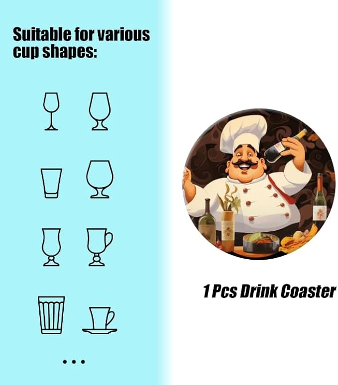 Ceramic Drink Coasters Absorbent Set of 1, Happy Chef with Mustache Round Anti Slip Modern Cup Coasters for Desk Kitchen Office Housewarming Hostess Gifts (4 * 4 Inch)