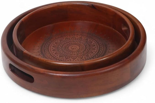Vesta Homes Set of 2 Aurelia Premium Wood Round Serving Tray for Home/Kitchen/Restaurant/Office Organizer/Dining Table|Premium Wooden Trays|35.5 X 35.5 ; 30.5 x 30.5 cm | Handcrafted in India