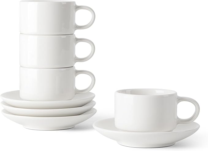 DOWAN 2.5 Ounce Porcelain Stackable Espresso Cups with Saucers Set of 4, White Espresso Cups for Home, Office and Cafe Use