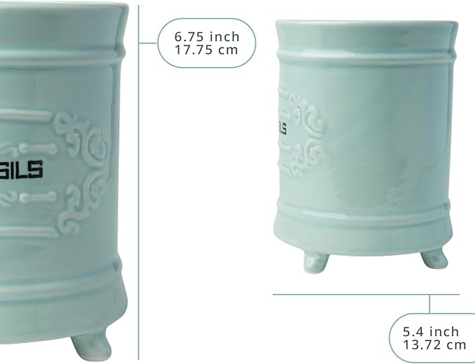 Comfify French Blue Ceramic Utensil Holder - Vintage Style Kitchen Utensil Caddy - Antique Design Cooking Utensil Organizer - Rustic French Country Utensil Crock for Cooking Enthuziast