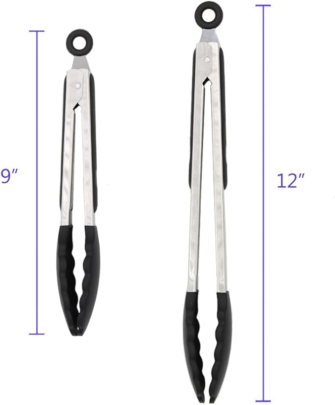 2 Pack Black Kitchen Tongs, Premium Silicone BPA Free Non-Stick Stainless Steel BBQ Cooking Grilling Locking Food Tongs, 9-Inch & 12-Inch