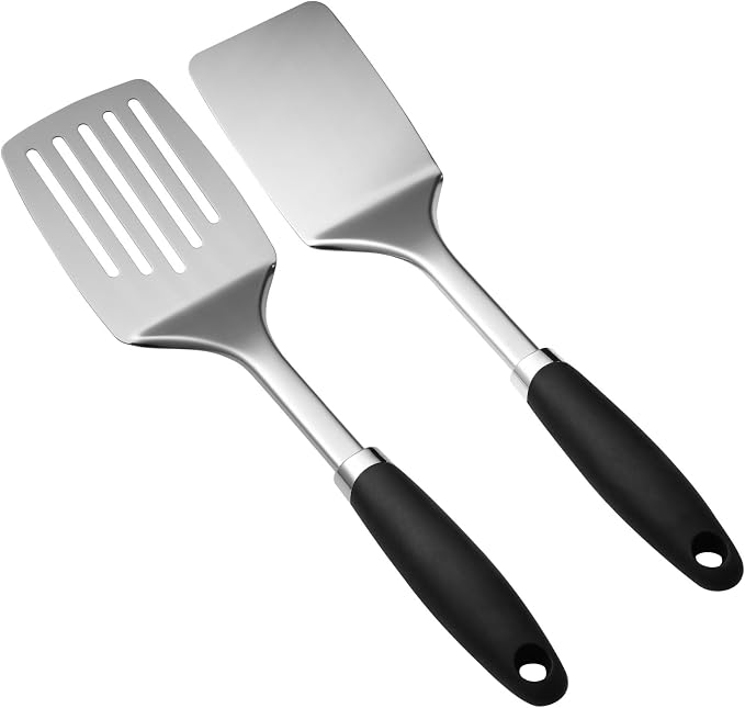 Stainless Steel Spatulas Set, 2 Pack Solid & Slotted Turner Spatulas, Metal Spatula Set for Cast Iron, Griddle, Eggs, Burgers and Pancakes