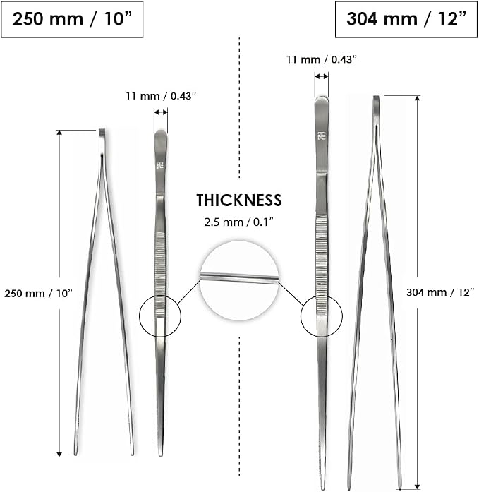 Heavy Duty Stainless Steel Tweezer Tongs 10'' and 12'' Set – Precision Cooking Tongs for Grilling, Plating, BBQ, and Kitchen Use
