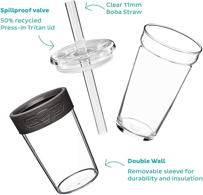 KeepCup Cold Cup - Longplay Double wall Glass Ice Coffee Tumbler with Lid and Straw - 16oz (454ml) - Cloud