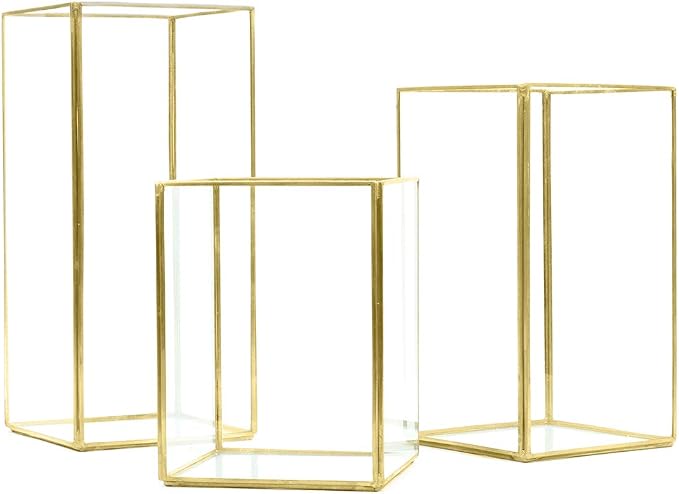 Koyal Wholesale Gold Geometric Candle Holders Set of 3, Glass Terrarium Centerpieces for Wedding Table Decor, Home Decor, and Events — Modern Gold and Glass Lanterns for Candles, Flowers, or Plants