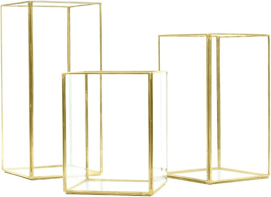 Koyal Wholesale Gold Geometric Candle Holders Set of 3, Glass Terrarium Centerpieces for Wedding Table Decor, Home Decor, and Events — Modern Gold and Glass Lanterns for Candles, Flowers, or Plants