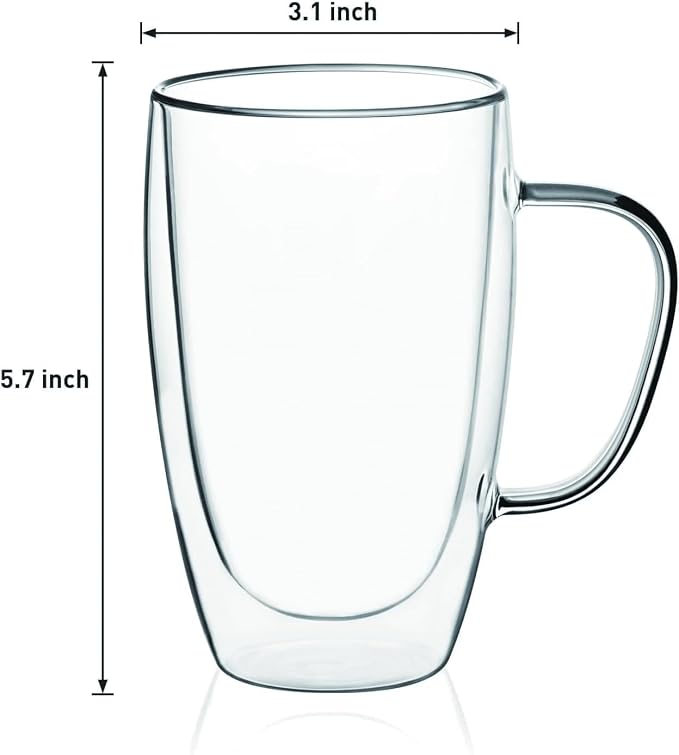 Espresso Cups Set Of 2, Double Walled Glass Coffee Mugs with Handle,Insulated Layer Coffee Cups,Clear Borosilicate Glass Mugs,Perfect for Cappuccino,Tea,Latte,Espresso (15oz-4Pack)