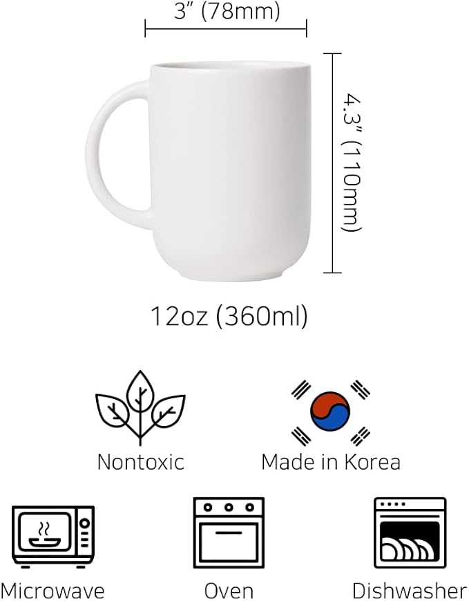 12 oz Ceramic Coffee Mug, Matte Pink White Gray Coffee Mug for Office and Home, Handmade in Korea! Set of 2 (MilkWhite)