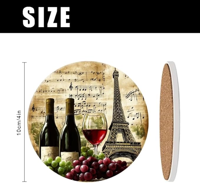 Ceramic Drink Coasters Absorbent Set of 1, Wine Grapes and Eiffel Tower Round Anti Slip Modern Cup Coasters for Desk Kitchen Office Housewarming Hostess Gifts (4 * 4 Inch)