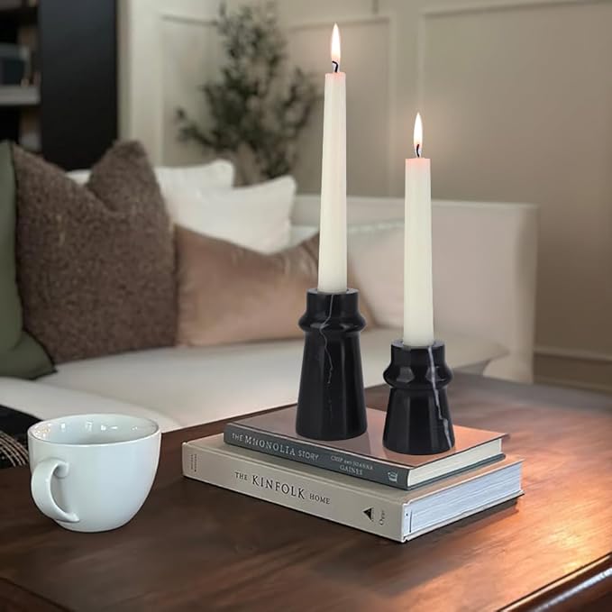 Vixdonos Marble Candle Holder Set of 2 Taper Candle Candlestick Mantle Candle Stand for Home Decor,Wedding,Party and Table Centerpieces(Black)