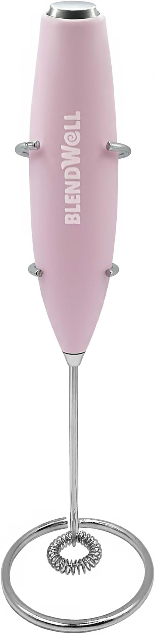 BlendWell Electric Milk Frother for Matcha and Coffee, Handheld Battery Operated Drink Mixer with Stand, Stainless Steel Whisk, Rose Pink