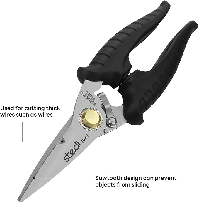 stedi Scissors Heavy Duty, Multi-Purpose Shears with Finely Serrated High Carbon Stainless Steel Blades -Easy Cutting Electrical Cable Notch, Insulation, Non-Slip Comfortable Handle, Soft Cable