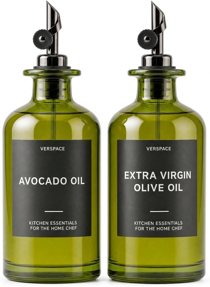 Verspace UV-Protected Green Glass Olive Oil Dispenser Bottles For Kitchen - 2 Pack - 17oz Includes 40 Kitchen Essential Labels, Avocado Oil Dispenser Set, Modern Decor for Home, Airbnb, Cafe