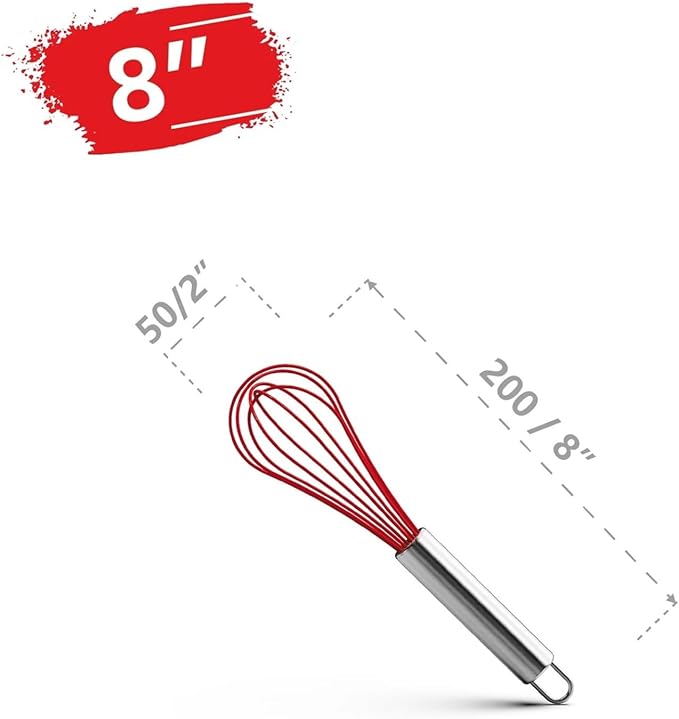 Balloon Whisk Stainless Steel 304 18/8 Wire Beater 8"10"12" Kitchen Cooking Tool No-Stick For Egg(8 Inch Red)