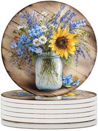 Retro Flower Coasters Set of 6, 4inch Coasters for Drinks Absorbent Stone with Holder Floral Decorations Ceramic Drink Coaster for Tabletop Protection, Coffee Table Decor for Home Decor