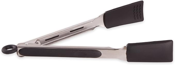 RSVP International Endurance Kitchen Utensil Collection Stainless Steel Locking Tongs for Cooking, 10.75" Length, Square Tip, Black Non-Slip Silicone