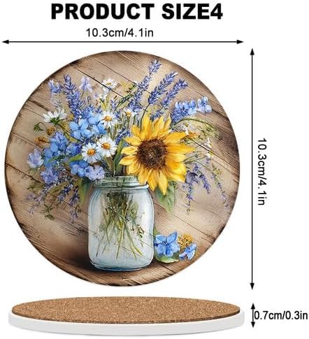 Retro Flower Coasters Set of 6, 4inch Coasters for Drinks Absorbent Stone with Holder Floral Decorations Ceramic Drink Coaster for Tabletop Protection, Coffee Table Decor for Home Decor