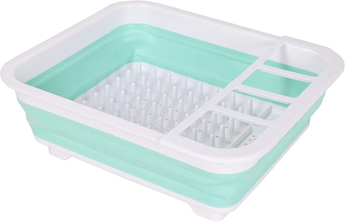 J&V TEXTILES Collapsible Dish Drying Rack - Popup for Easy Storage, Drain Water Directly into The Sink, Room for Eight Large Plates, Sectional Cutlery and Utensil Compartment, Compact (Blue)