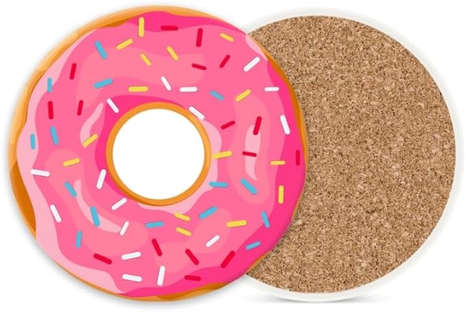 Ceramic Stone Cork Coasters for Drinks Tableware, Pink Frosted Donut with Sprinkles Round Absorbent Durable Aesthetic Art Cup Mat Protects Tables and Surfaces Set of 1 (4 * 4 Inch)