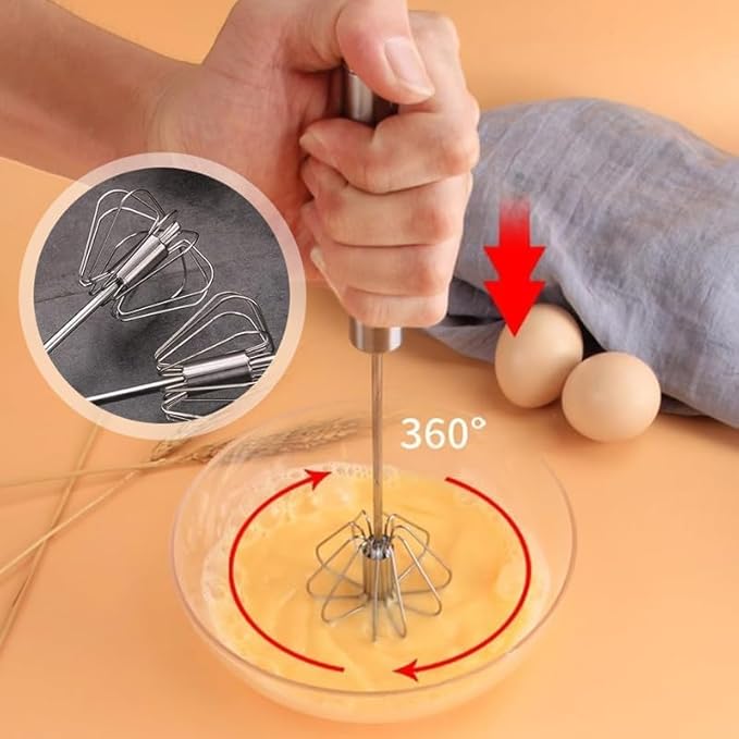 Stainless Steel Whisk, Egg Whisk Hand Push Rotary Blender, Manual Mixer Stirrer Kitchen Tool for Blending, Whisking, Beating, Stirring (2PCS)