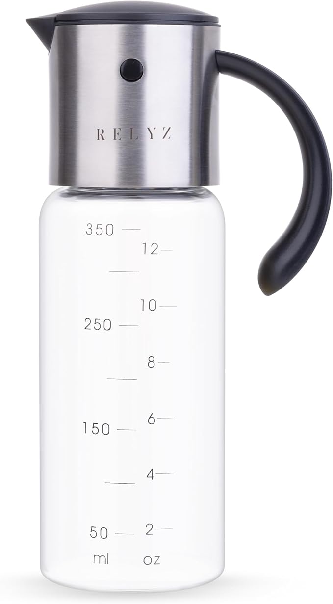 Olive Oil Dispenser Bottle, 12oz Glass Oil Dispenser for Kitchen with Drip-Free Stainless Steel Spout, Leak-Proof, with Measurement Markings for Cooking, Vinegar, & Soy Sauce - Dishwasher Safe